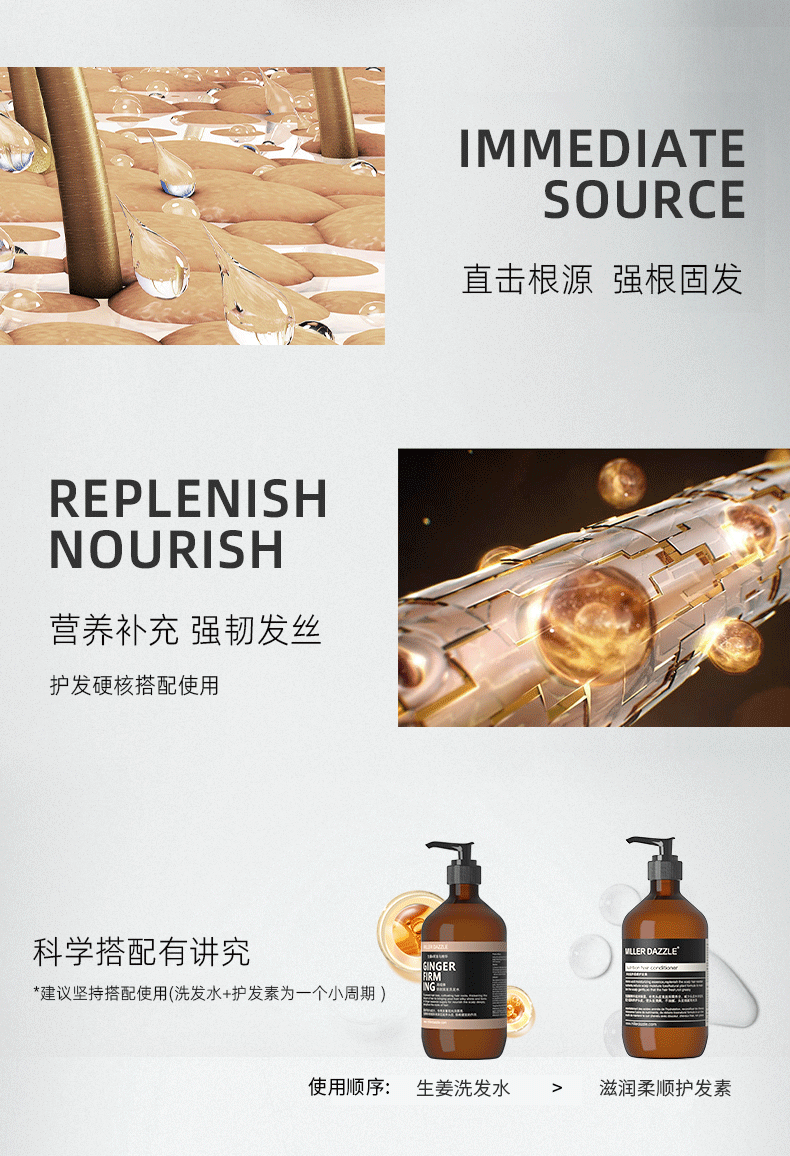 直擊根源強根固發(fā)   REPLENISH NOURISH   營(yíng)養補充 強韌發(fā)絲   護發(fā)硬核搭配使用   科學(xué)搭配有講究   *建議堅持搭配使用（洗發(fā)水+護發(fā)素為一個(gè)小周期）